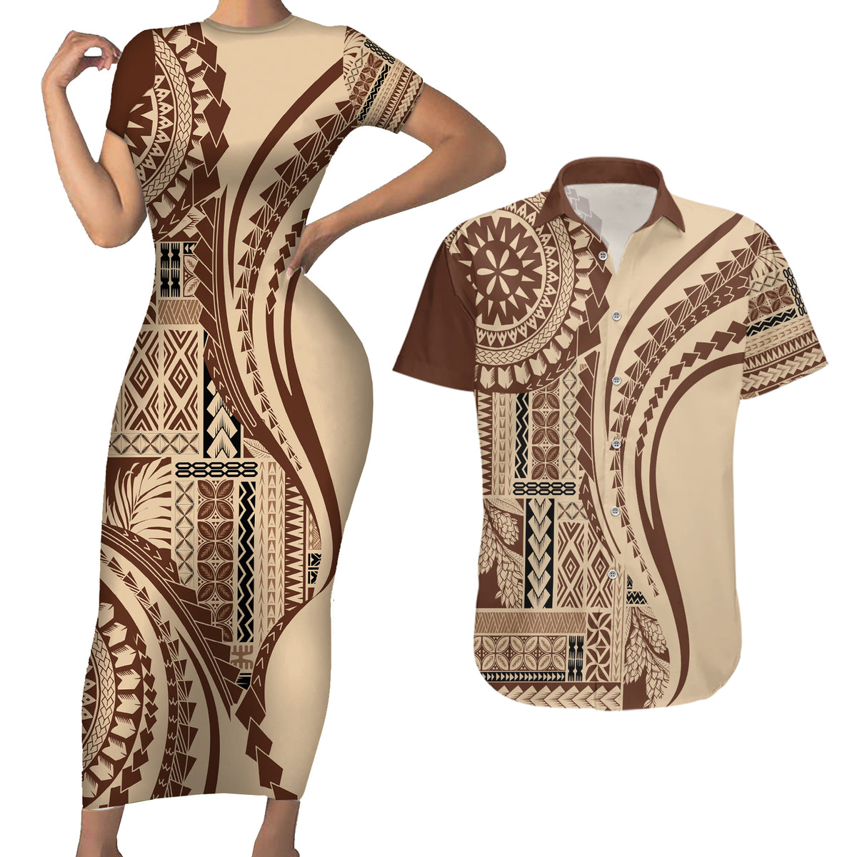 Samoa Siapo Arty Couples Matching Short Sleeve Bodycon Dress and Hawaiian Shirt Brown Style LT9 - Wonder Print Shop