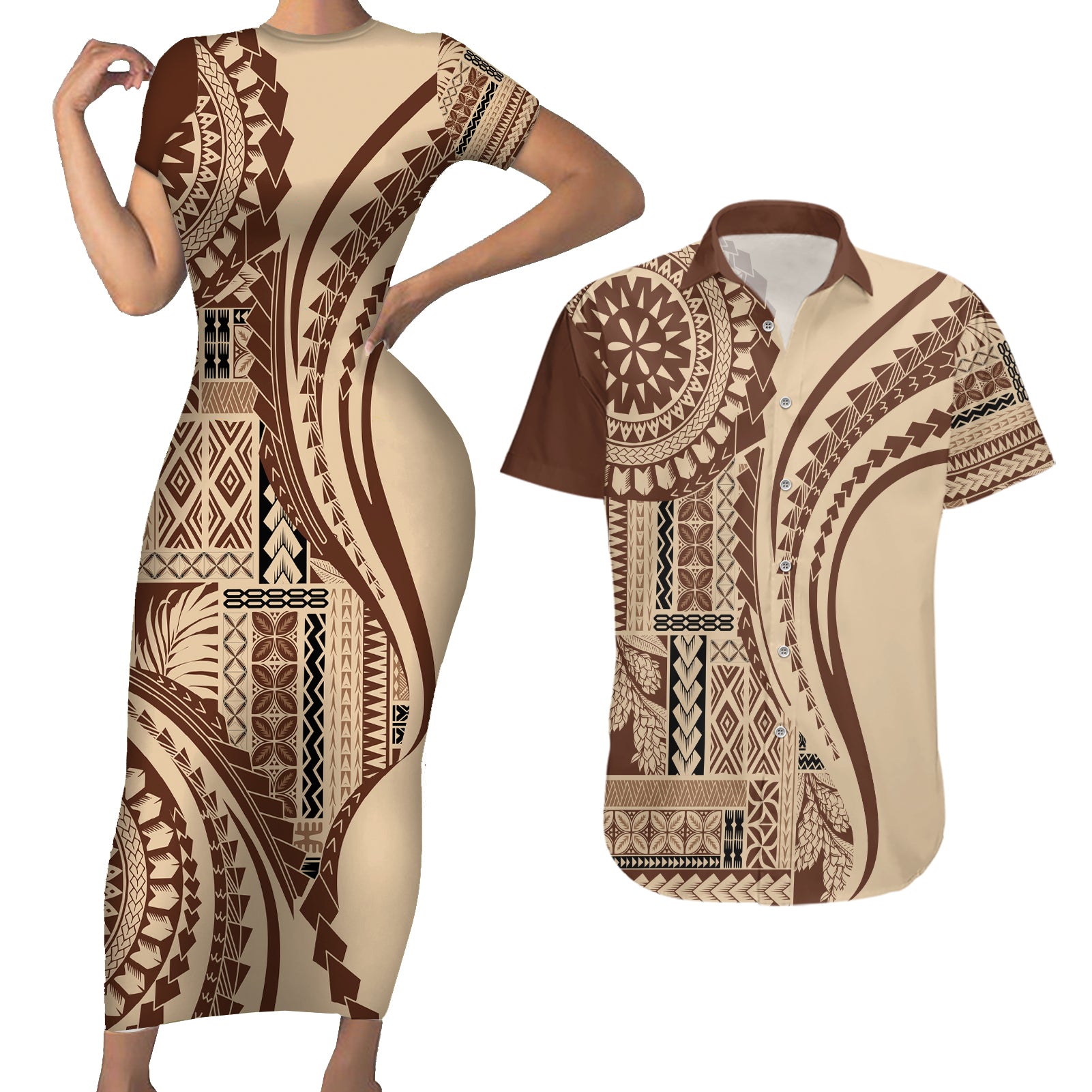 Samoa Siapo Arty Couples Matching Short Sleeve Bodycon Dress and Hawaiian Shirt Brown Style LT9 - Wonder Print Shop