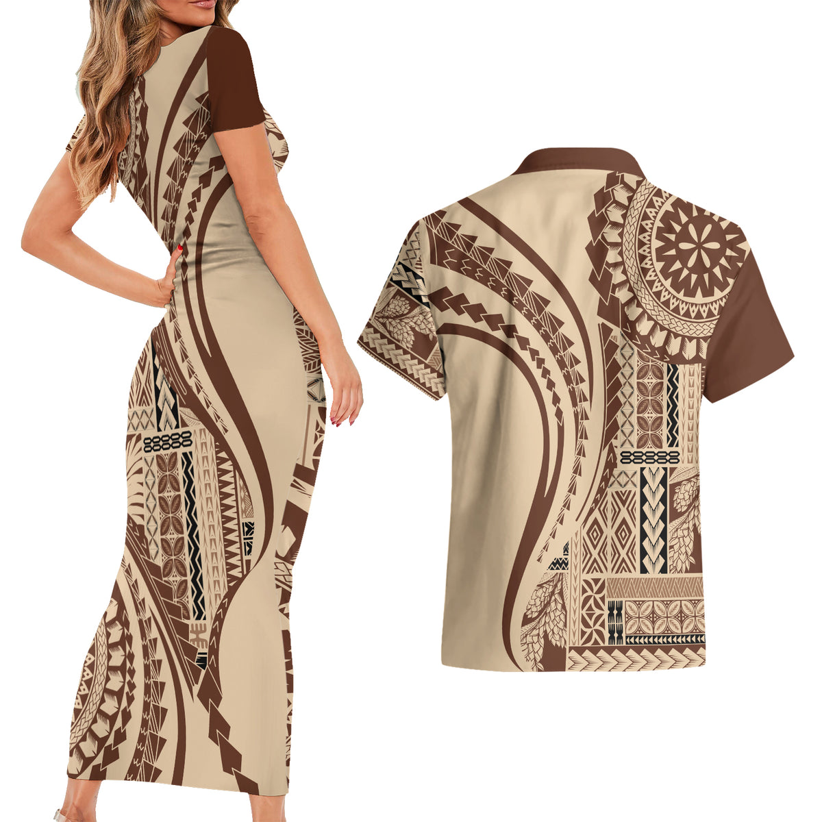 Samoa Siapo Arty Couples Matching Short Sleeve Bodycon Dress and Hawaiian Shirt Brown Style LT9 - Wonder Print Shop