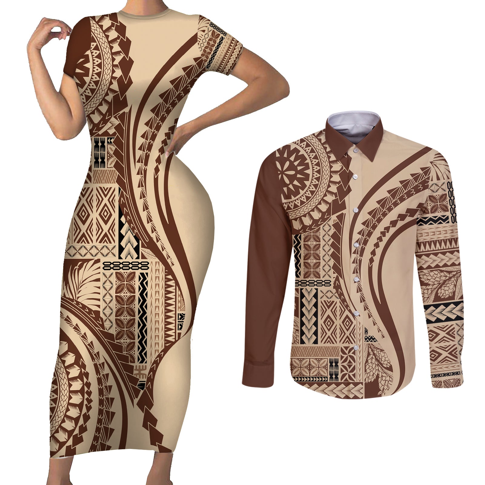 Samoa Siapo Arty Couples Matching Short Sleeve Bodycon Dress and Long Sleeve Button Shirt Brown Style LT9 - Wonder Print Shop