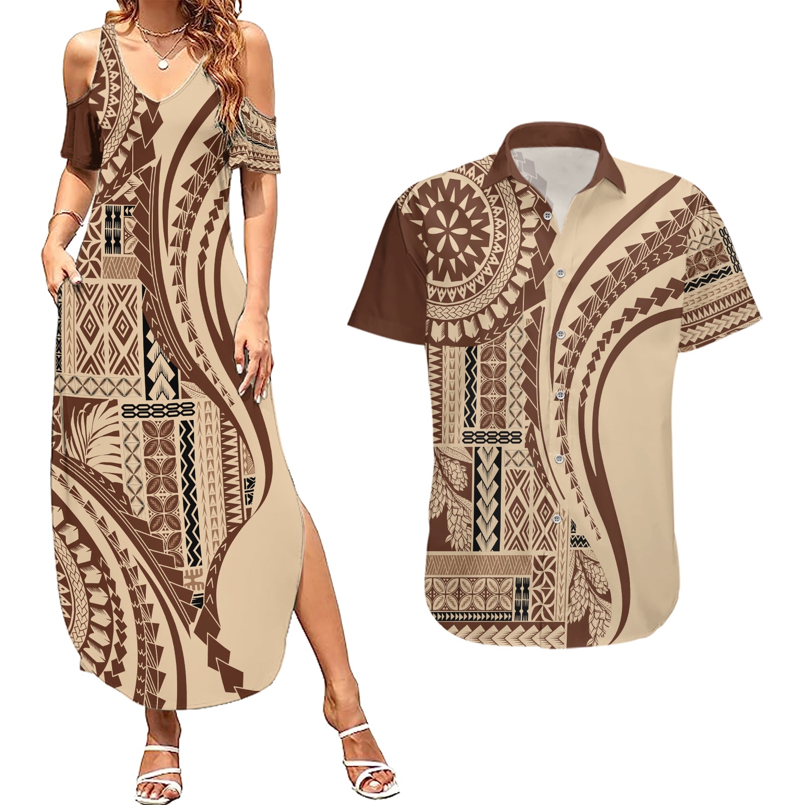 Samoa Siapo Arty Couples Matching Summer Maxi Dress and Hawaiian Shirt Brown Style LT9 - Wonder Print Shop
