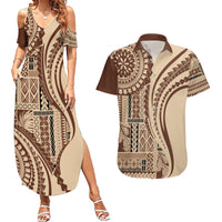 Samoa Siapo Arty Couples Matching Summer Maxi Dress and Hawaiian Shirt Brown Style LT9 - Wonder Print Shop