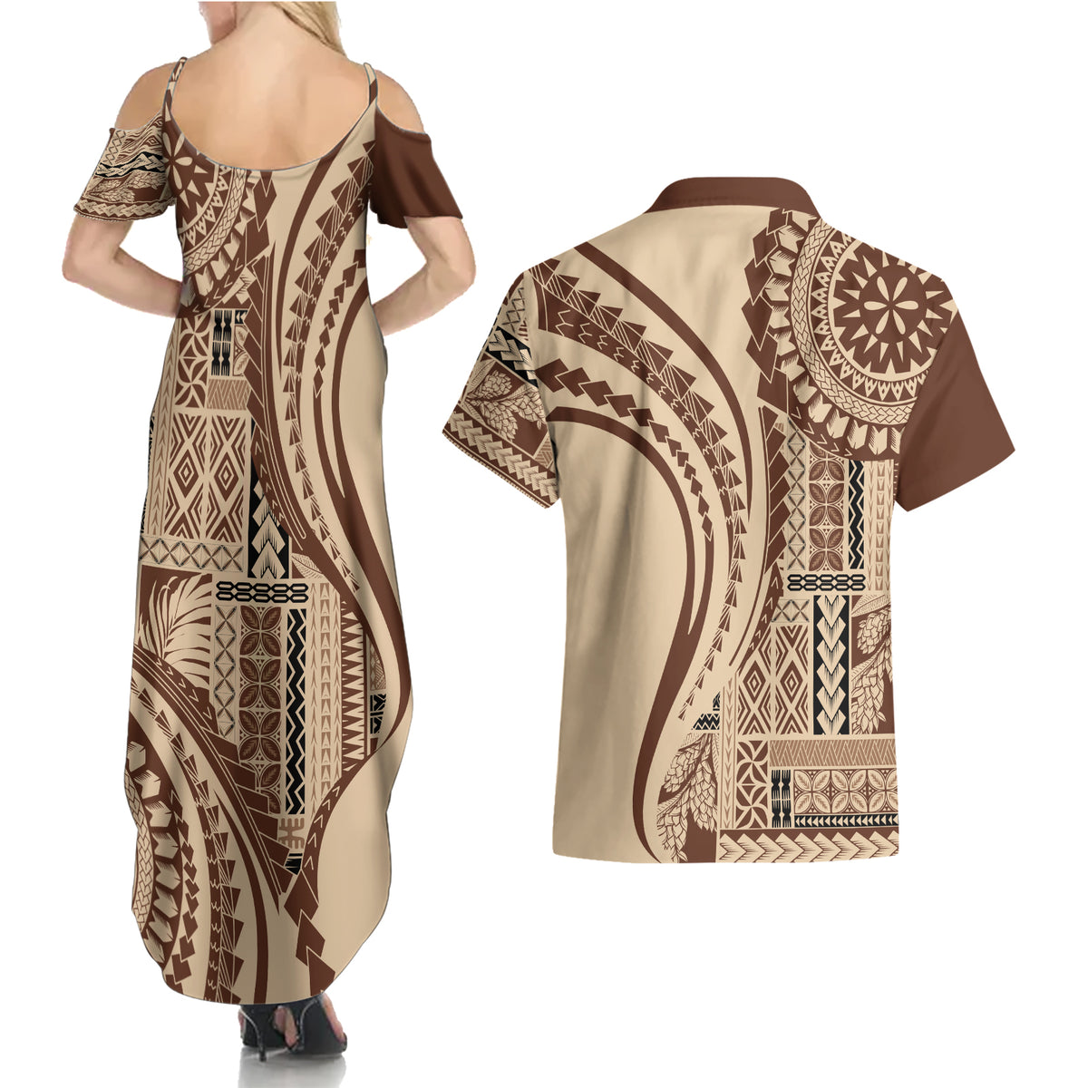 Samoa Siapo Arty Couples Matching Summer Maxi Dress and Hawaiian Shirt Brown Style LT9 - Wonder Print Shop