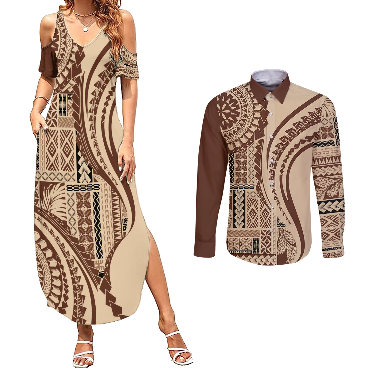 Samoa Siapo Arty Couples Matching Summer Maxi Dress and Long Sleeve Button Shirt Brown Style LT9 - Wonder Print Shop
