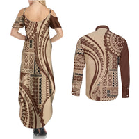 Samoa Siapo Arty Couples Matching Summer Maxi Dress and Long Sleeve Button Shirt Brown Style LT9 - Wonder Print Shop