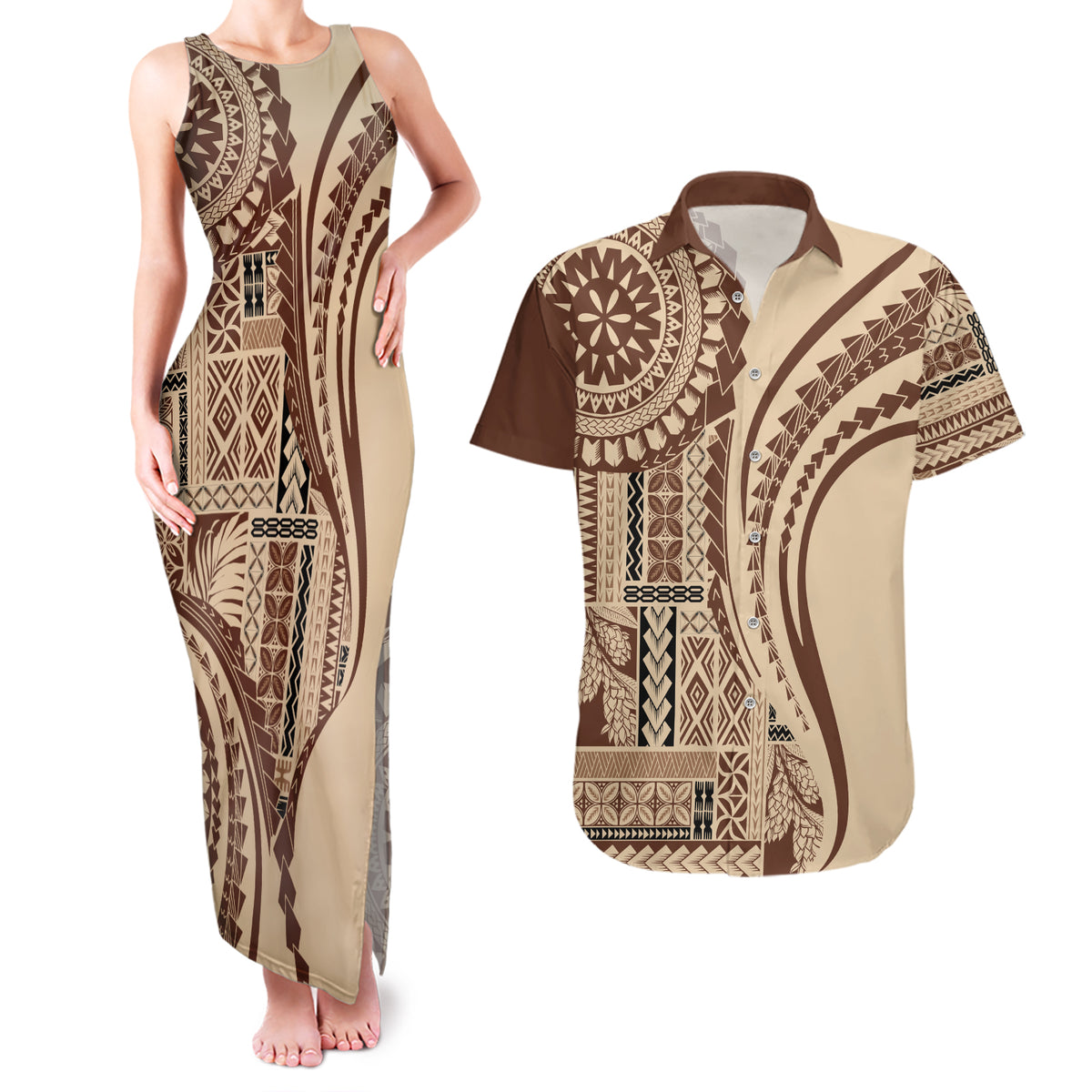 Samoa Siapo Arty Couples Matching Tank Maxi Dress and Hawaiian Shirt Brown Style LT9 - Wonder Print Shop