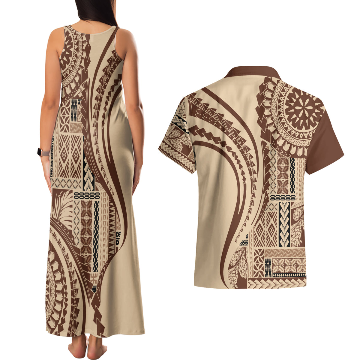 Samoa Siapo Arty Couples Matching Tank Maxi Dress and Hawaiian Shirt Brown Style LT9 - Wonder Print Shop