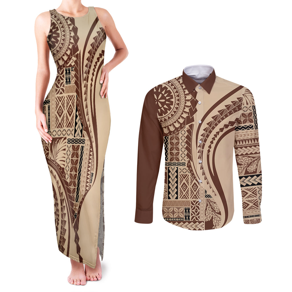 Samoa Siapo Arty Couples Matching Tank Maxi Dress and Long Sleeve Button Shirt Brown Style LT9 - Wonder Print Shop