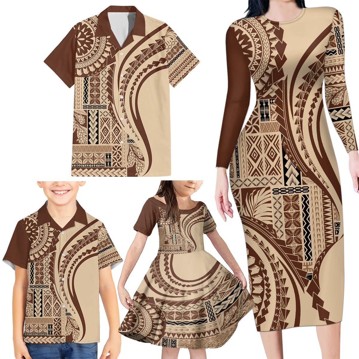 Samoa Siapo Arty Family Matching Long Sleeve Bodycon Dress and Hawaiian Shirt Brown Style LT9 - Wonder Print Shop