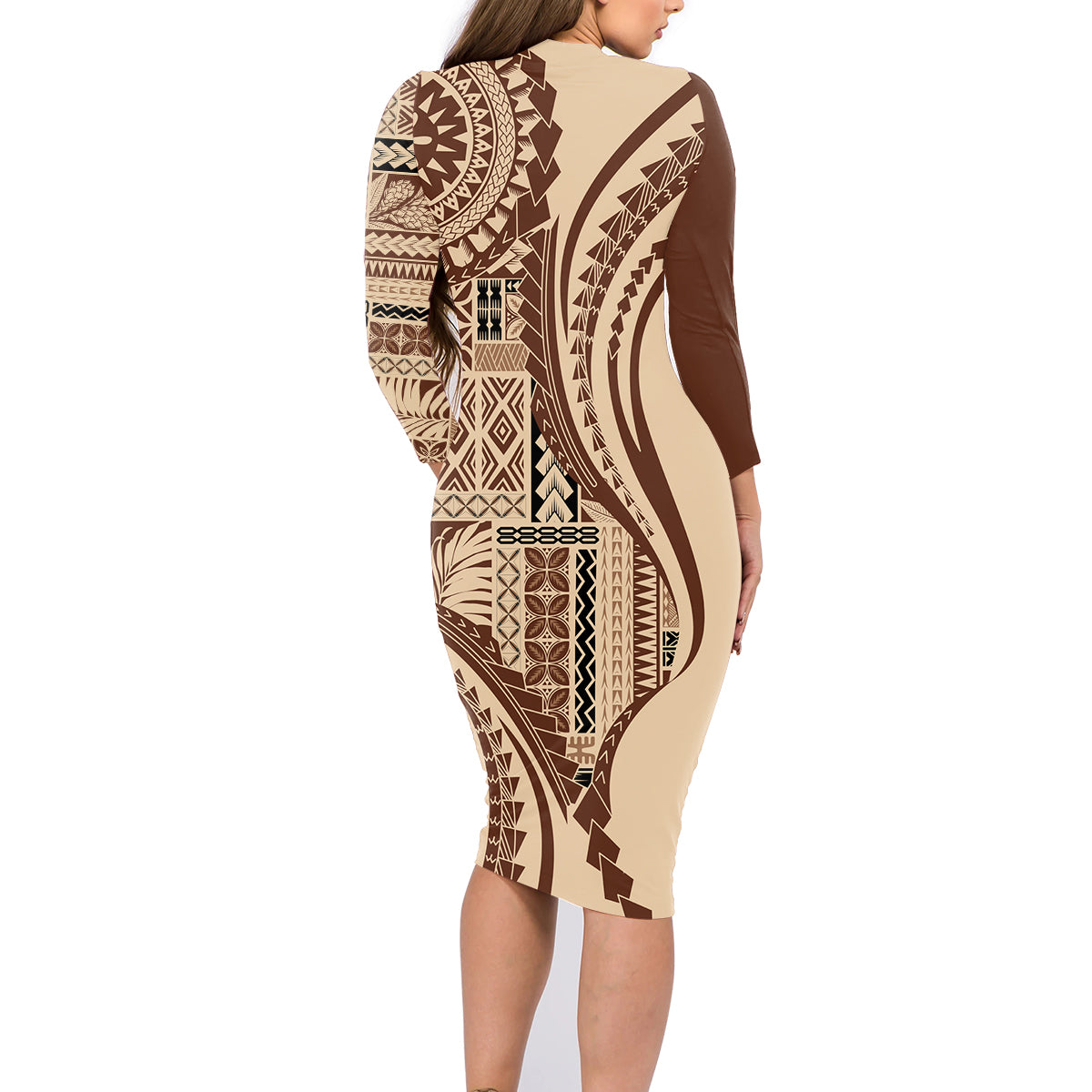 Samoa Siapo Arty Family Matching Long Sleeve Bodycon Dress and Hawaiian Shirt Brown Style LT9 - Wonder Print Shop