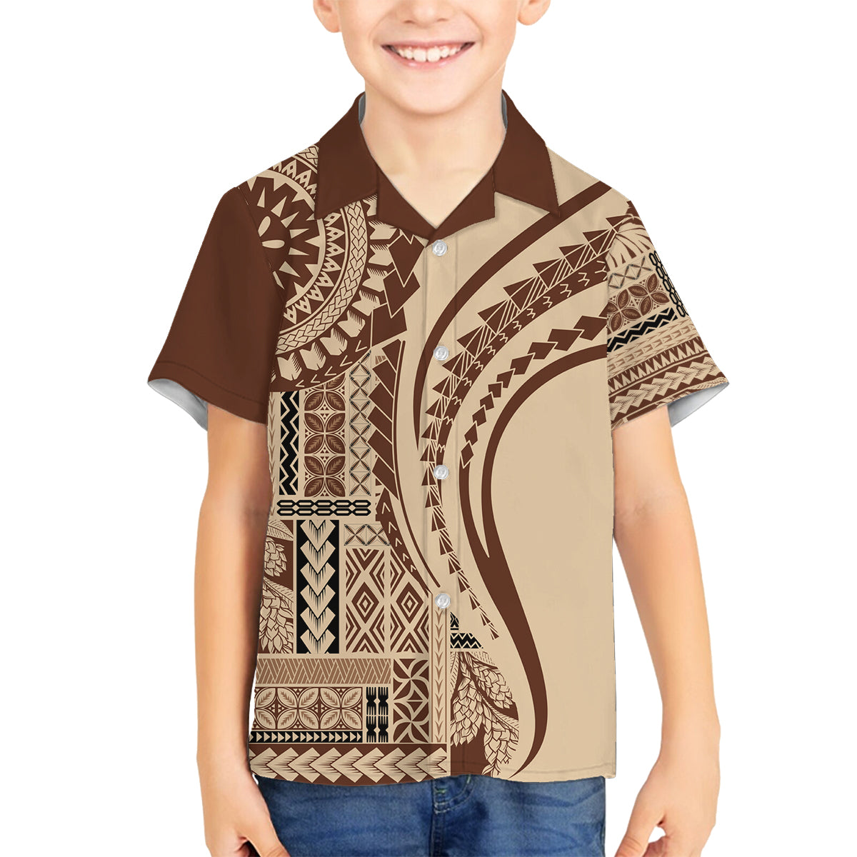 Samoa Siapo Arty Family Matching Long Sleeve Bodycon Dress and Hawaiian Shirt Brown Style LT9 - Wonder Print Shop