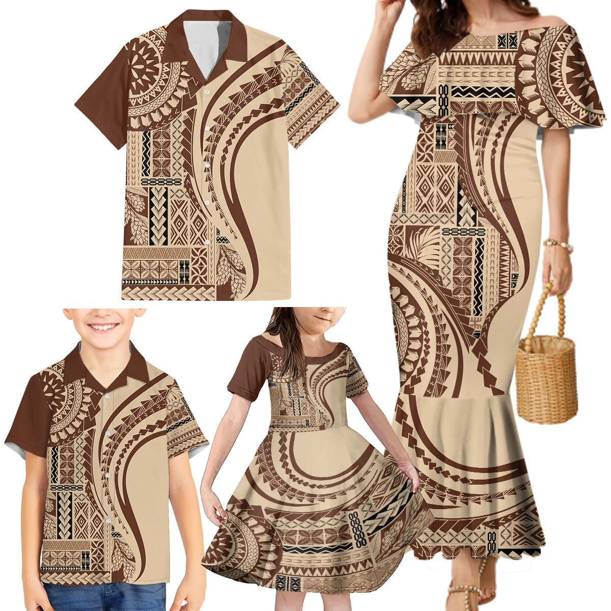 Samoa Siapo Arty Family Matching Mermaid Dress and Hawaiian Shirt Brown Style LT9 - Wonder Print Shop