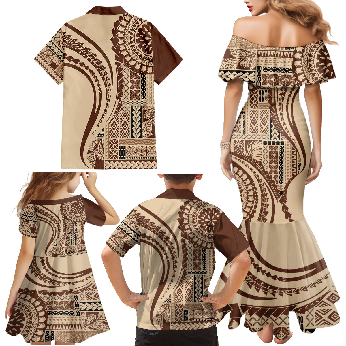 Samoa Siapo Arty Family Matching Mermaid Dress and Hawaiian Shirt Brown Style LT9 - Wonder Print Shop