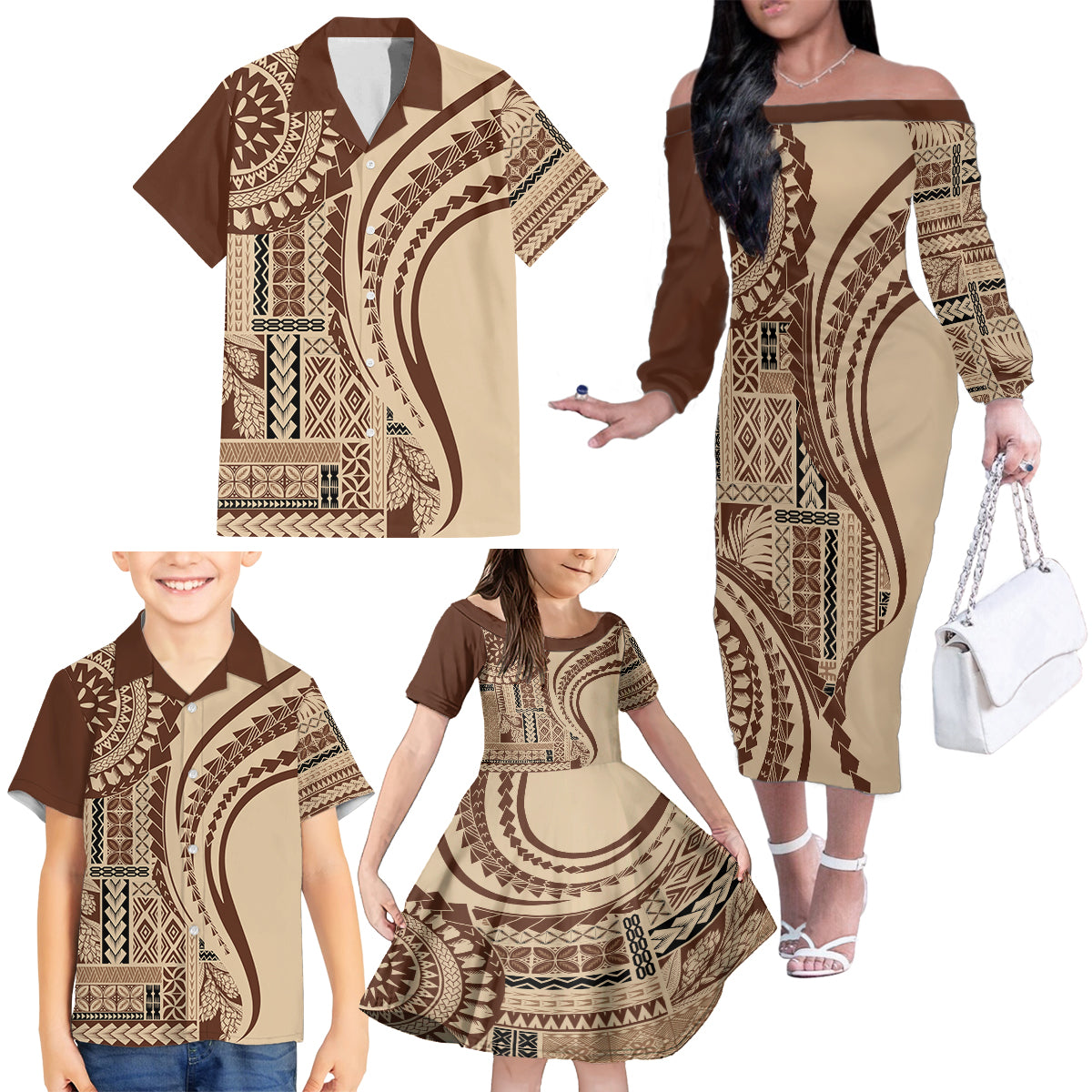 Samoa Siapo Arty Family Matching Off Shoulder Long Sleeve Dress and Hawaiian Shirt Brown Style - Wonder Print Shop