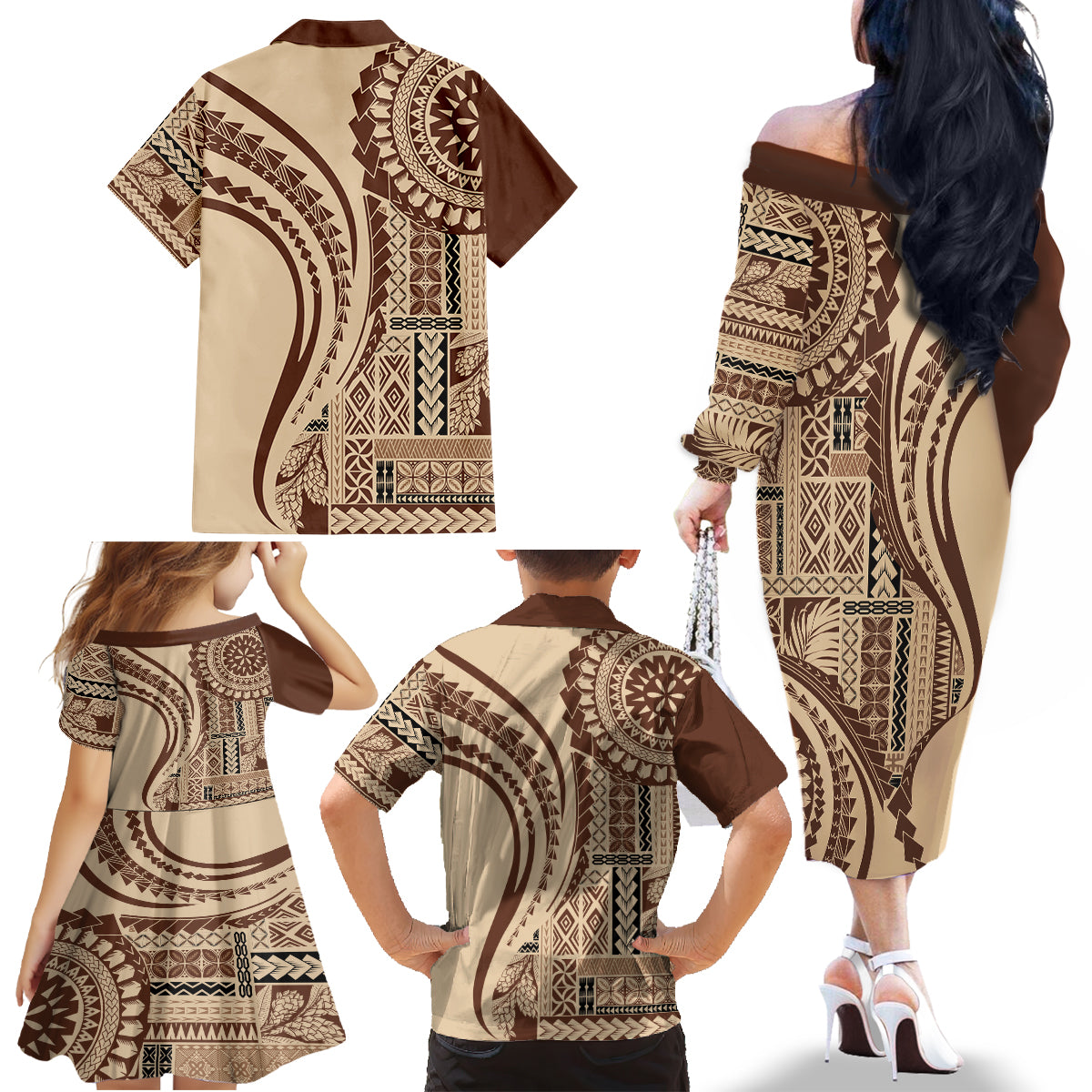 Samoa Siapo Arty Family Matching Off Shoulder Long Sleeve Dress and Hawaiian Shirt Brown Style - Wonder Print Shop