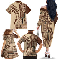 Samoa Siapo Arty Family Matching Off Shoulder Long Sleeve Dress and Hawaiian Shirt Brown Style - Wonder Print Shop