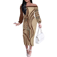 Samoa Siapo Arty Family Matching Off Shoulder Long Sleeve Dress and Hawaiian Shirt Brown Style - Wonder Print Shop