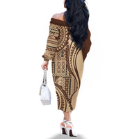Samoa Siapo Arty Family Matching Off Shoulder Long Sleeve Dress and Hawaiian Shirt Brown Style - Wonder Print Shop