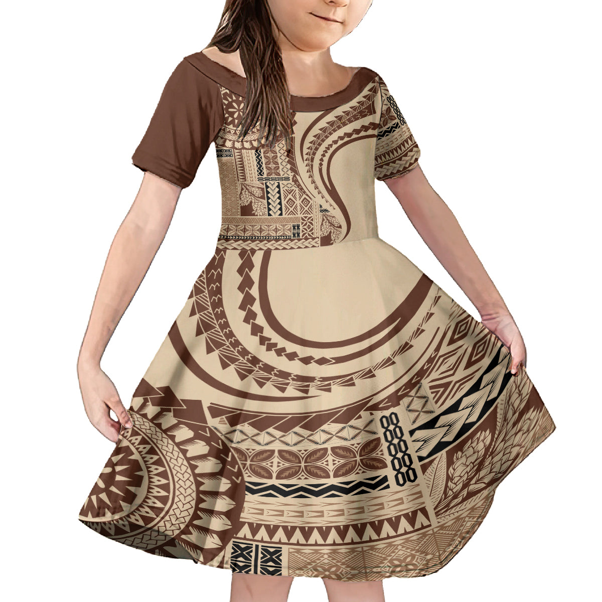 Samoa Siapo Arty Family Matching Off Shoulder Maxi Dress and Hawaiian Shirt Brown Style LT9 - Wonder Print Shop