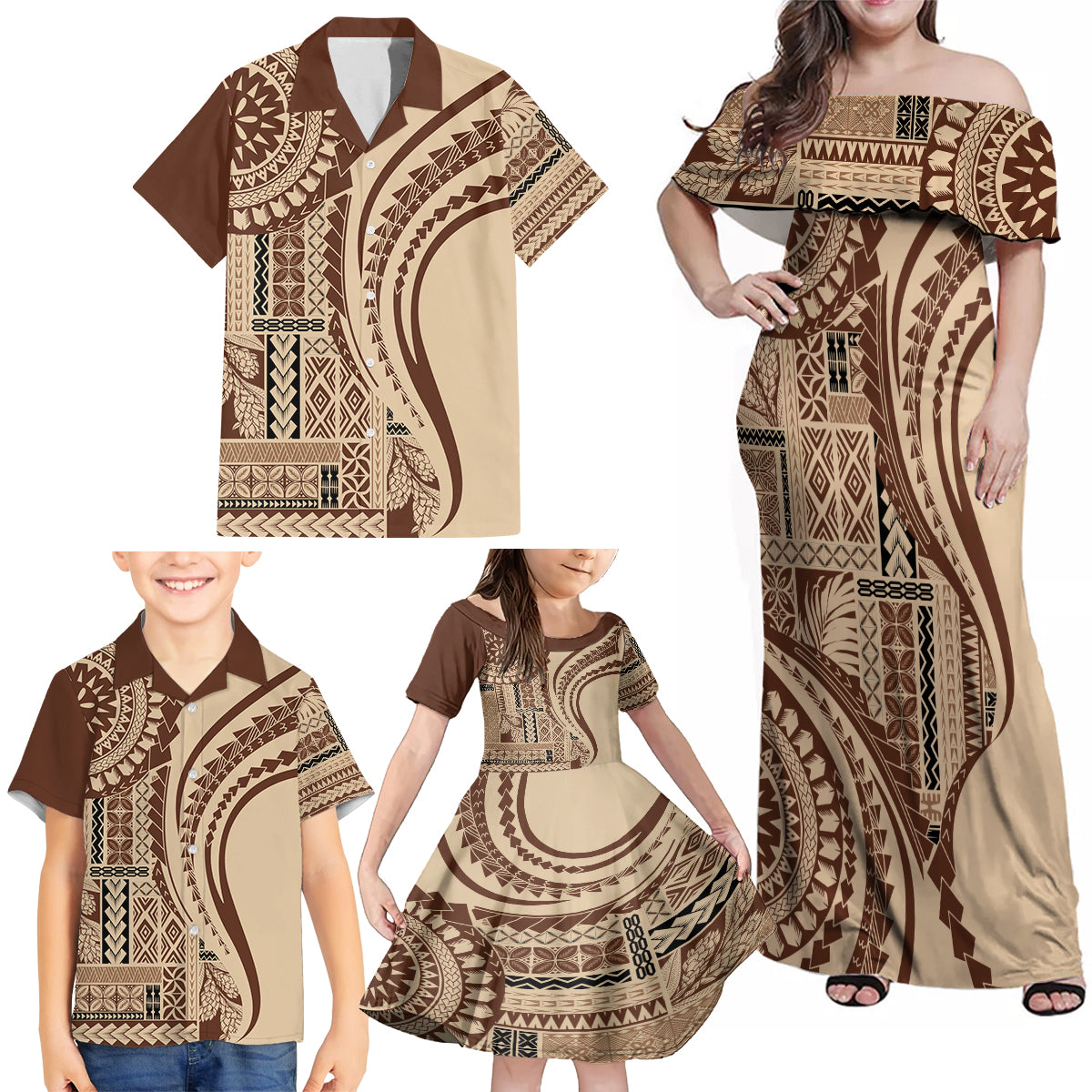 Samoa Siapo Arty Family Matching Off Shoulder Maxi Dress and Hawaiian Shirt Brown Style LT9 - Wonder Print Shop