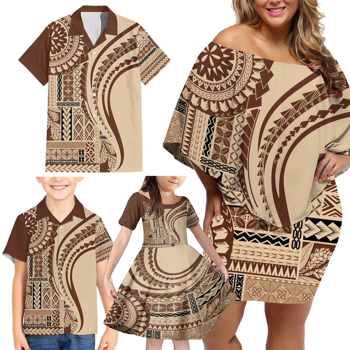 Samoa Siapo Arty Family Matching Off Shoulder Short Dress and Hawaiian Shirt Brown Style LT9 - Wonder Print Shop