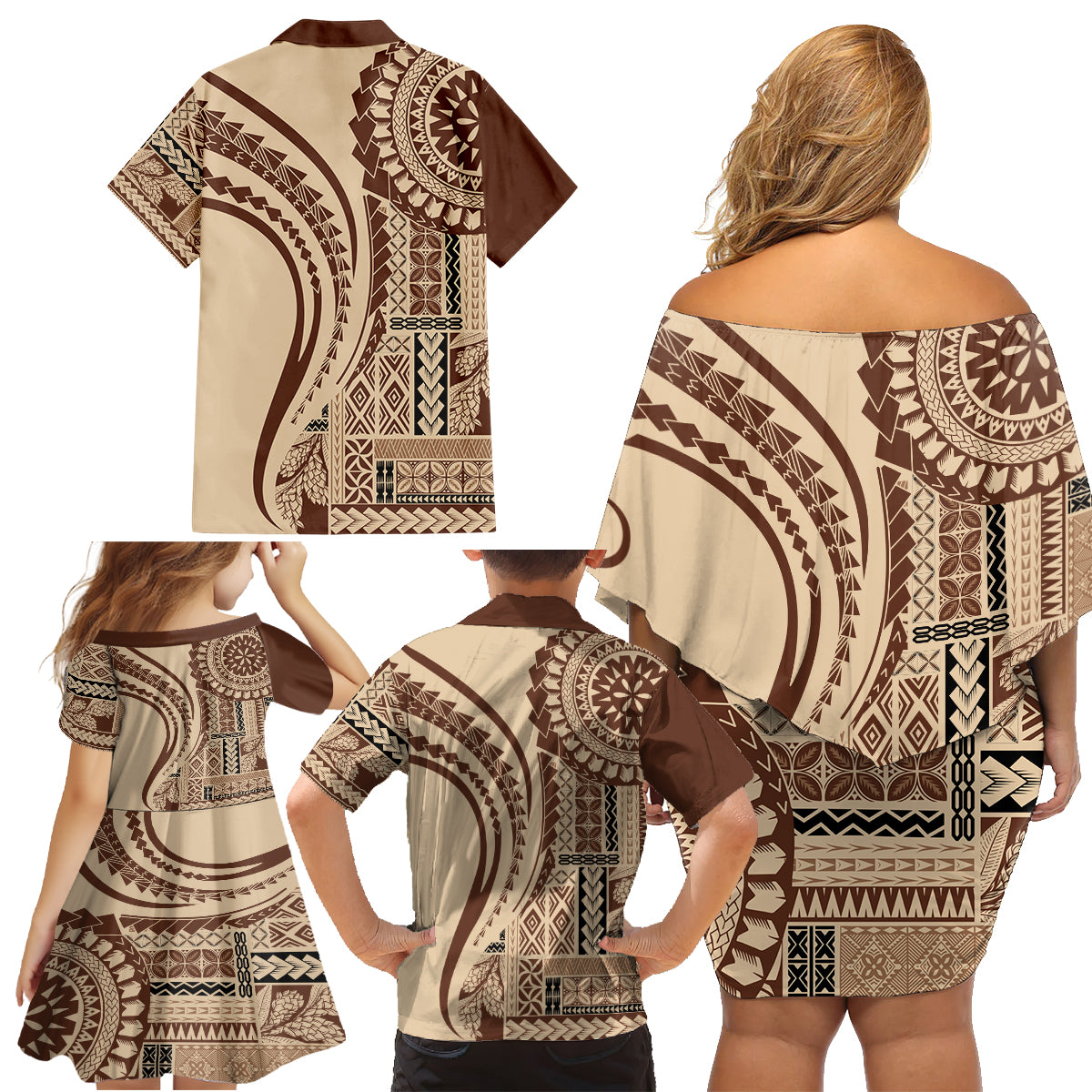Samoa Siapo Arty Family Matching Off Shoulder Short Dress and Hawaiian Shirt Brown Style LT9 - Wonder Print Shop
