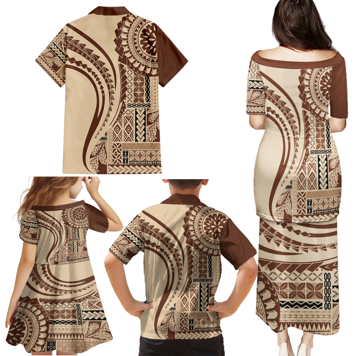 Samoa Siapo Arty Family Matching Puletasi Dress and Hawaiian Shirt Brown Style - Wonder Print Shop