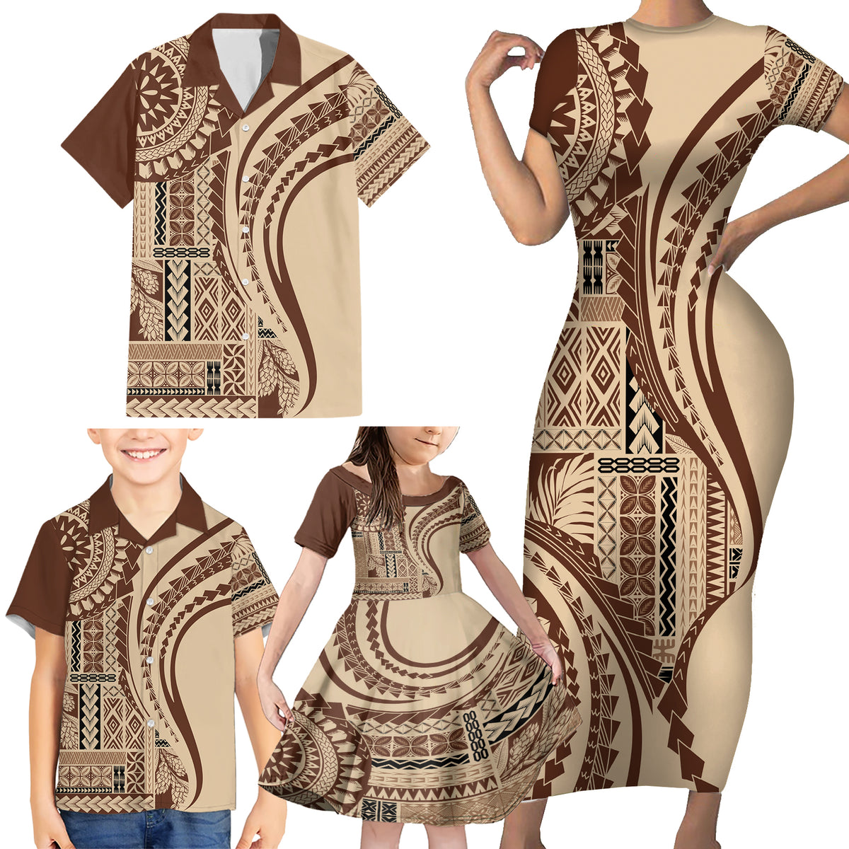 Samoa Siapo Arty Family Matching Short Sleeve Bodycon Dress and Hawaiian Shirt Brown Style - Wonder Print Shop