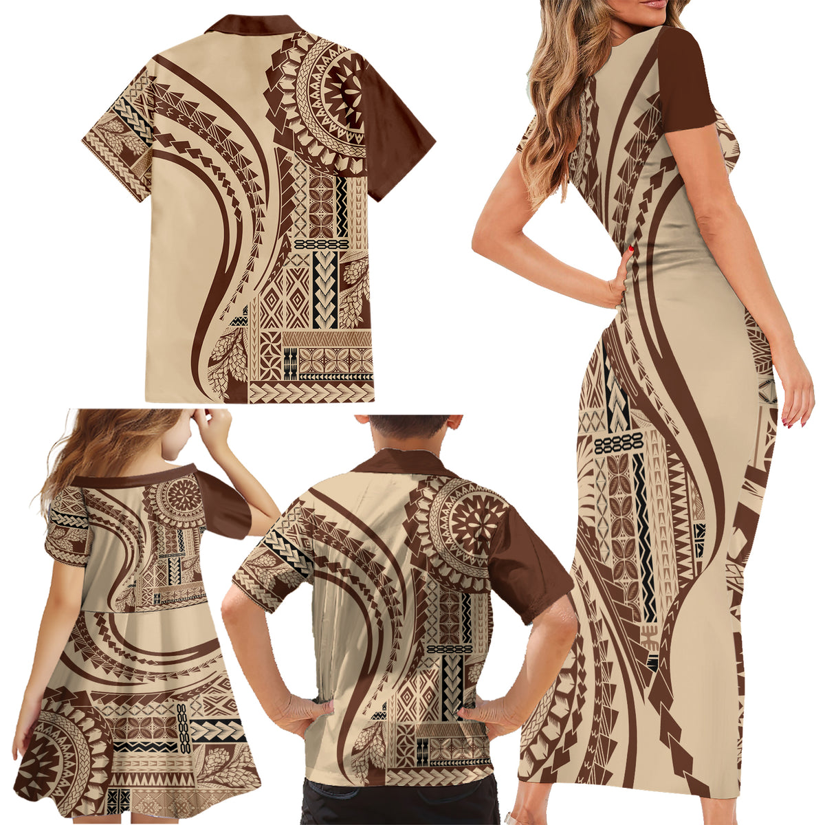 Samoa Siapo Arty Family Matching Short Sleeve Bodycon Dress and Hawaiian Shirt Brown Style - Wonder Print Shop