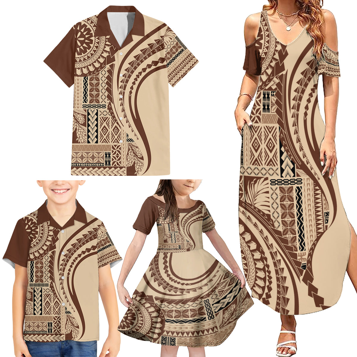 Samoa Siapo Arty Family Matching Summer Maxi Dress and Hawaiian Shirt Brown Style - Wonder Print Shop