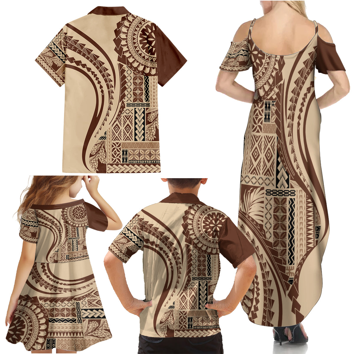 Samoa Siapo Arty Family Matching Summer Maxi Dress and Hawaiian Shirt Brown Style - Wonder Print Shop