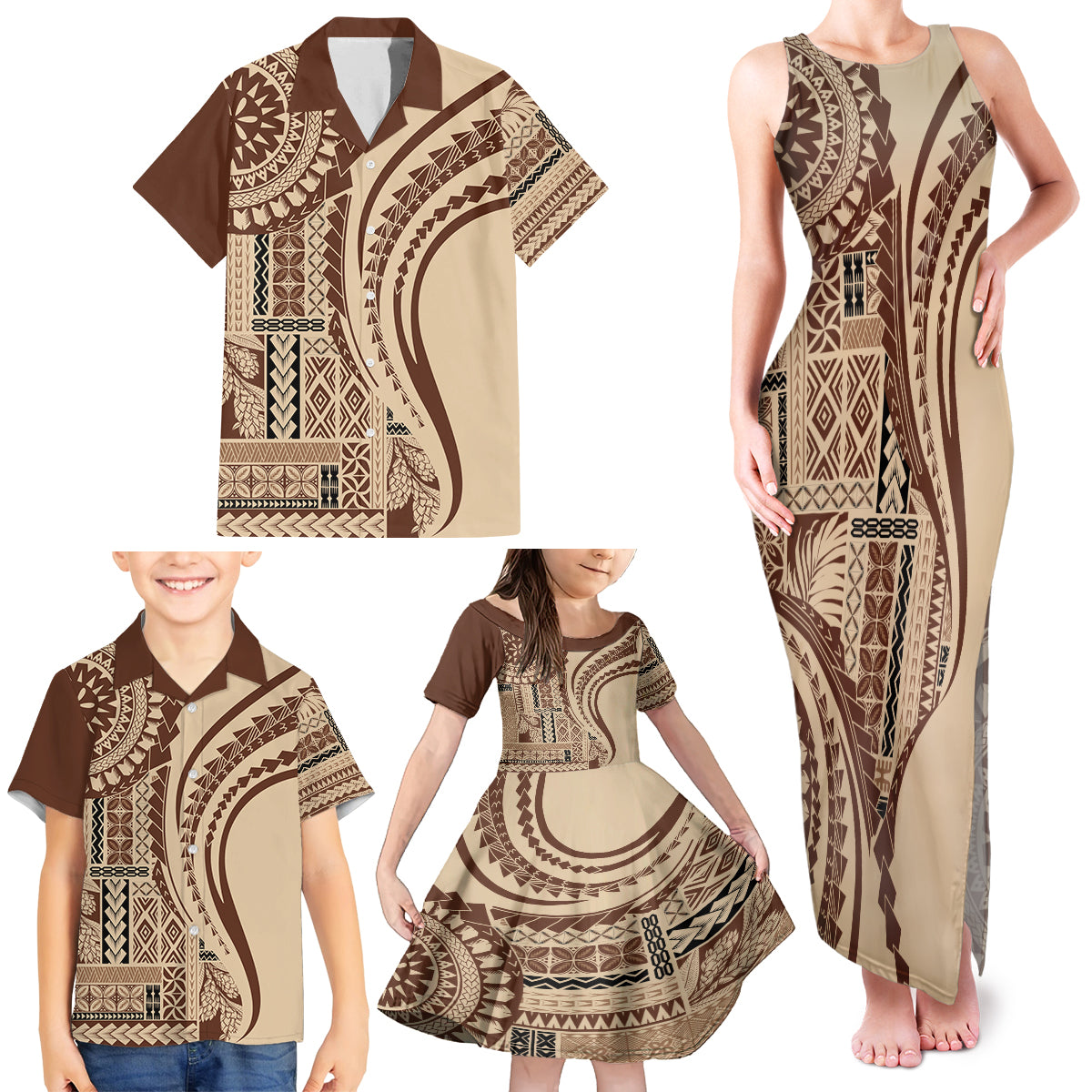 Samoa Siapo Arty Family Matching Tank Maxi Dress and Hawaiian Shirt Brown Style - Wonder Print Shop