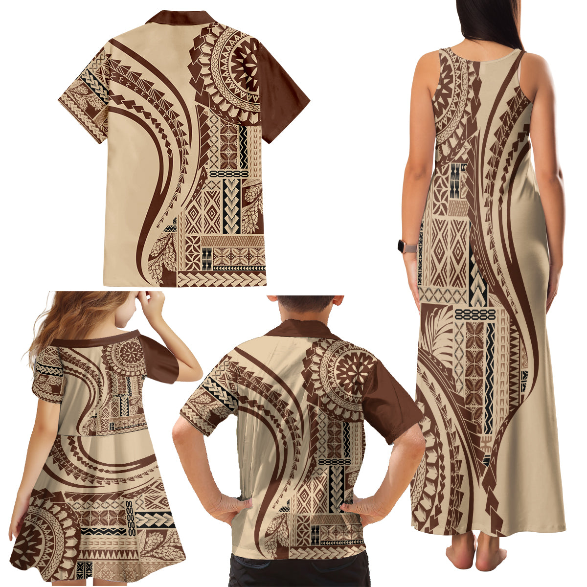 Samoa Siapo Arty Family Matching Tank Maxi Dress and Hawaiian Shirt Brown Style - Wonder Print Shop
