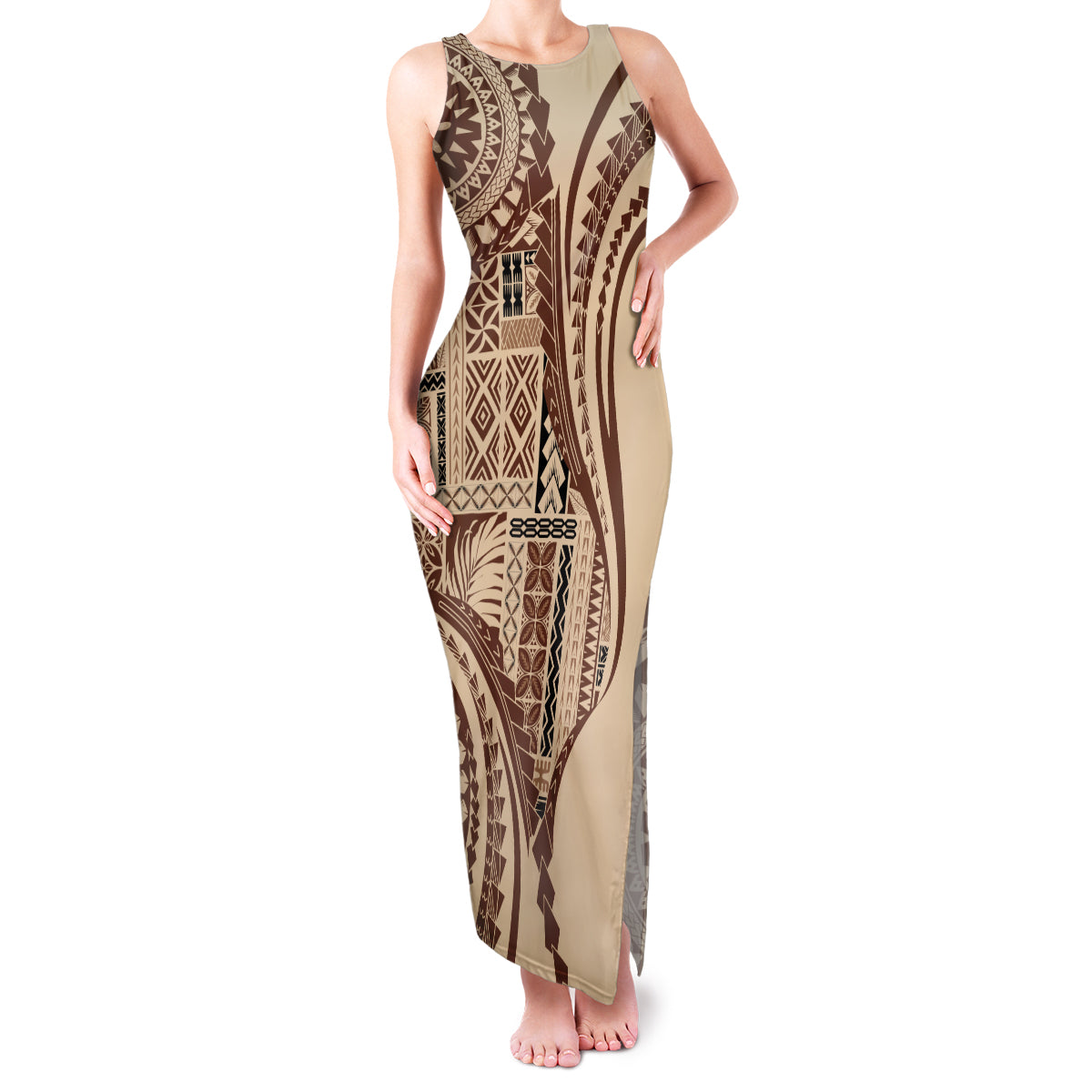 Samoa Siapo Arty Family Matching Tank Maxi Dress and Hawaiian Shirt Brown Style - Wonder Print Shop