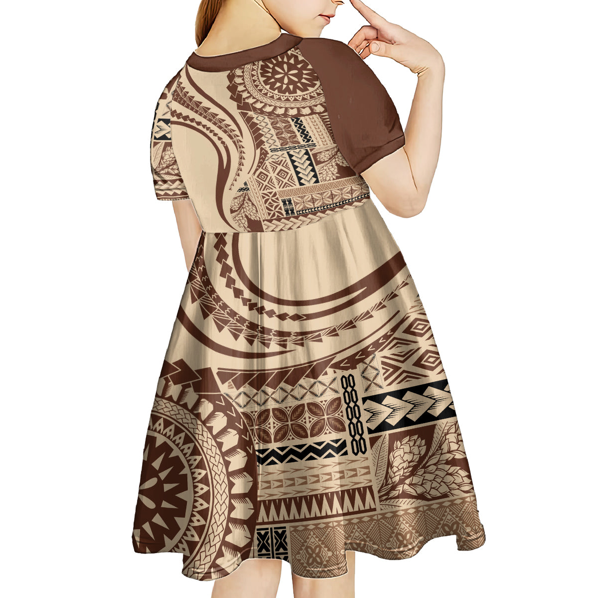 Samoa Siapo Arty Kid Short Sleeve Dress Brown Style - Wonder Print Shop