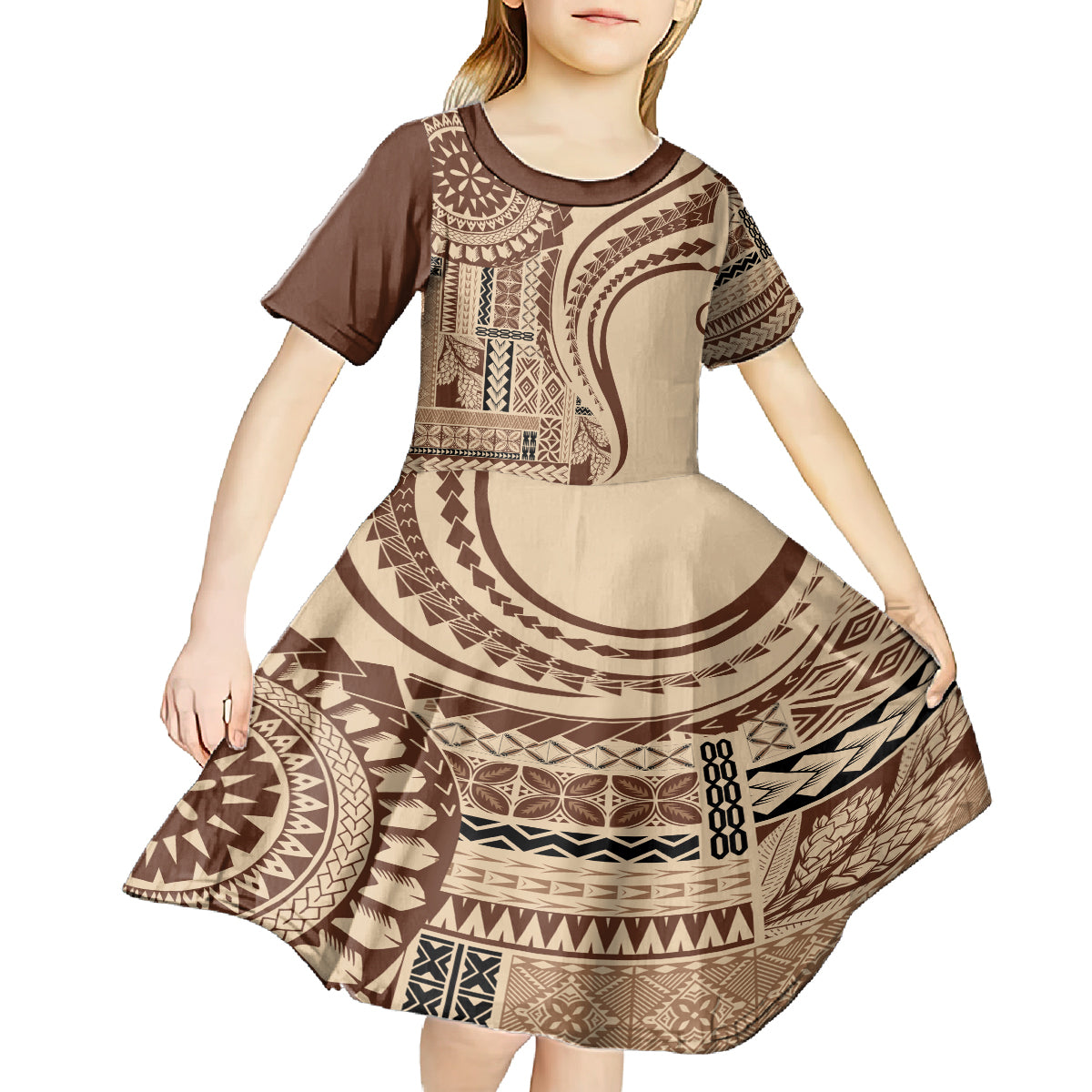 Samoa Siapo Arty Kid Short Sleeve Dress Brown Style - Wonder Print Shop