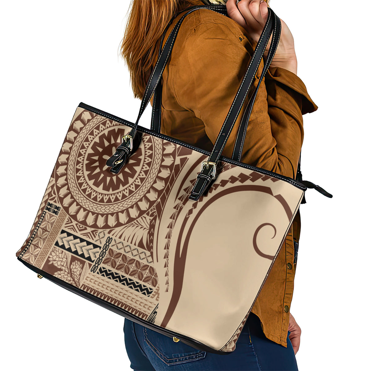 Samoa Siapo Arty Leather Tote Bag Brown Style - Wonder Print Shop