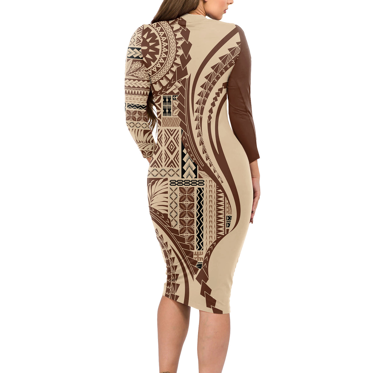 Samoa Siapo Arty Long Sleeve Bodycon Dress Brown Style - Wonder Print Shop