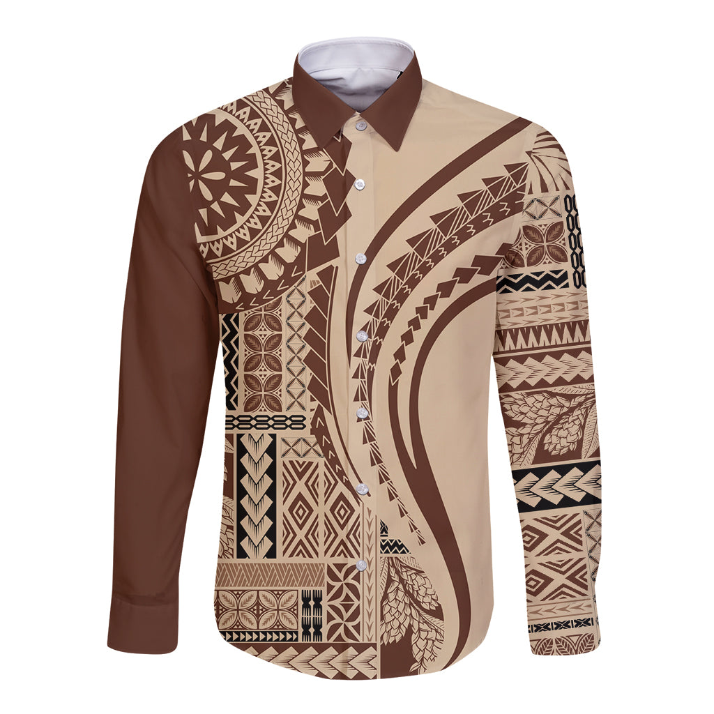 Samoa Siapo Arty Long Sleeve Button Shirt Brown Style - Wonder Print Shop