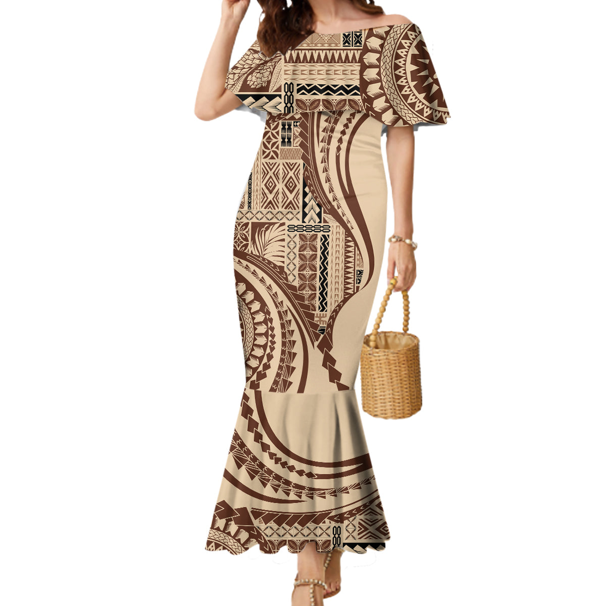 Samoa Siapo Arty Mermaid Dress Brown Style - Wonder Print Shop