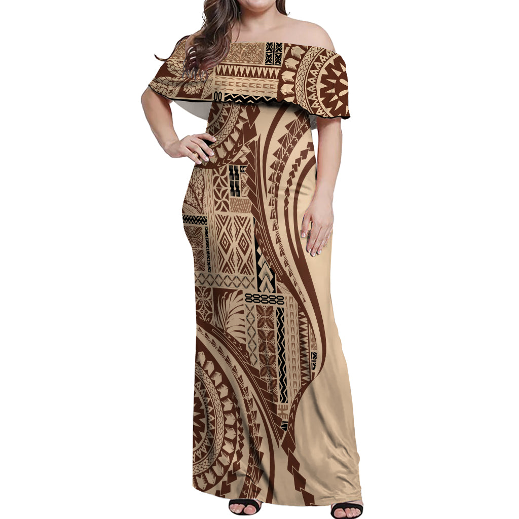 Samoa Siapo Arty Off Shoulder Maxi Dress Brown Style - Wonder Print Shop