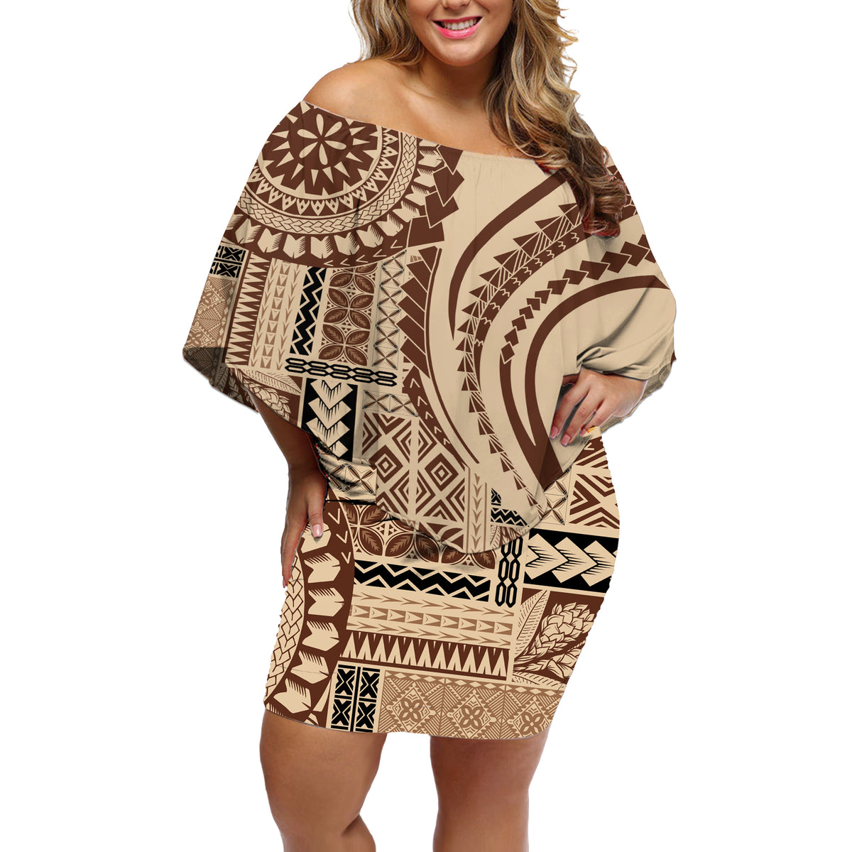 Samoa Siapo Arty Off Shoulder Short Dress Brown Style - Wonder Print Shop