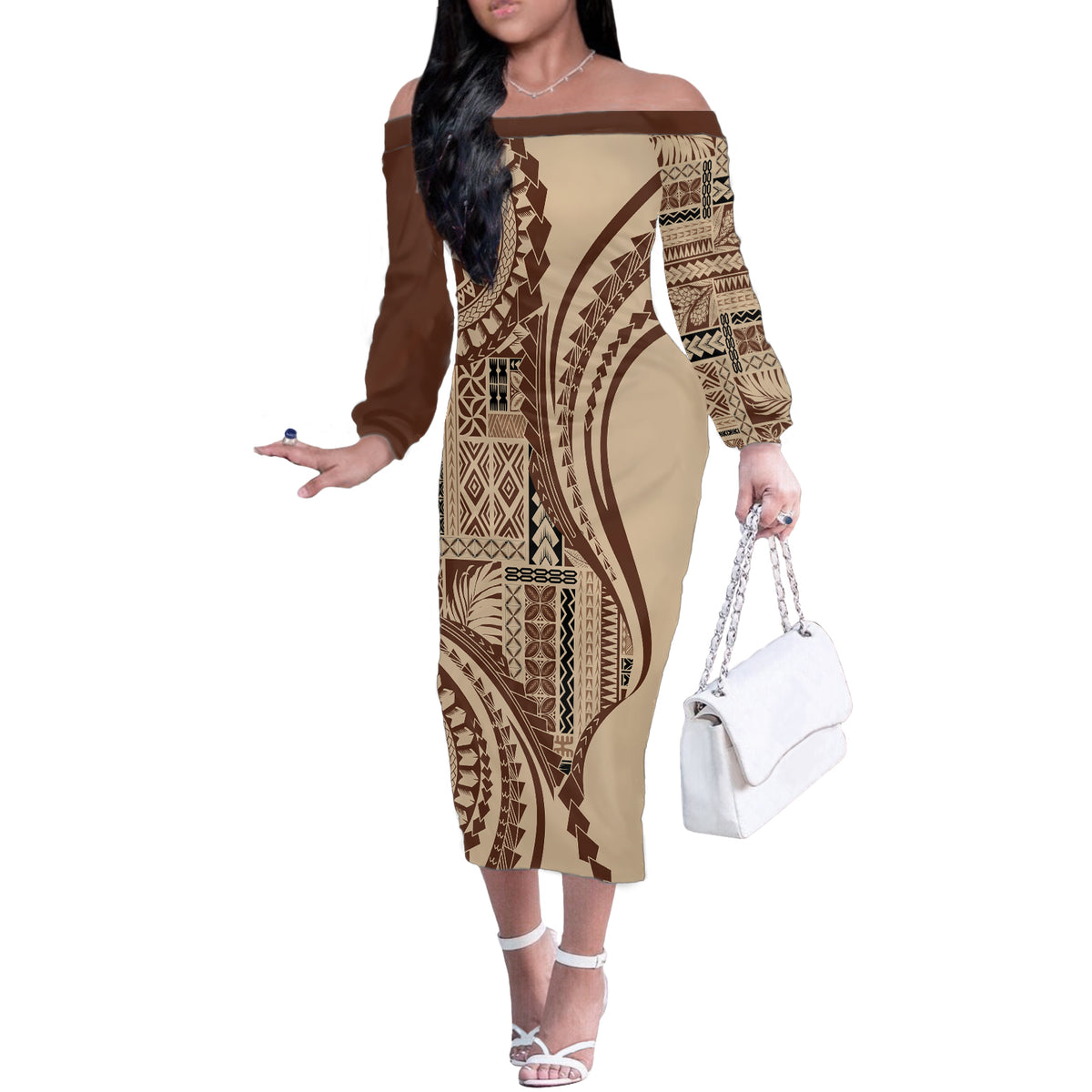 Samoa Siapo Arty Off The Shoulder Long Sleeve Dress Brown Style - Wonder Print Shop