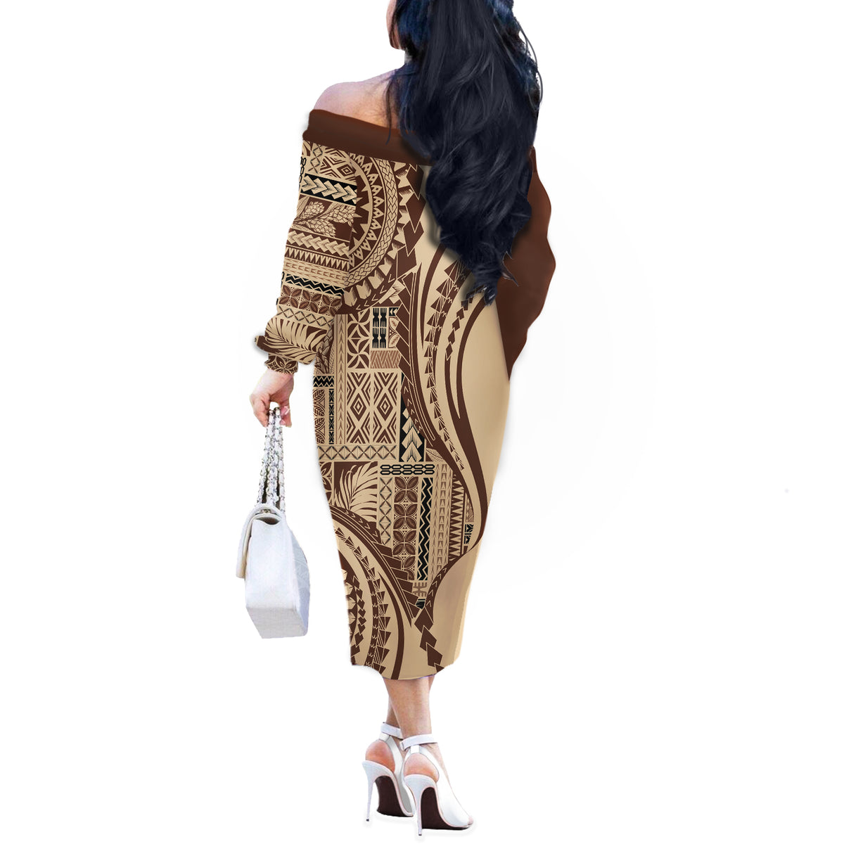 Samoa Siapo Arty Off The Shoulder Long Sleeve Dress Brown Style - Wonder Print Shop