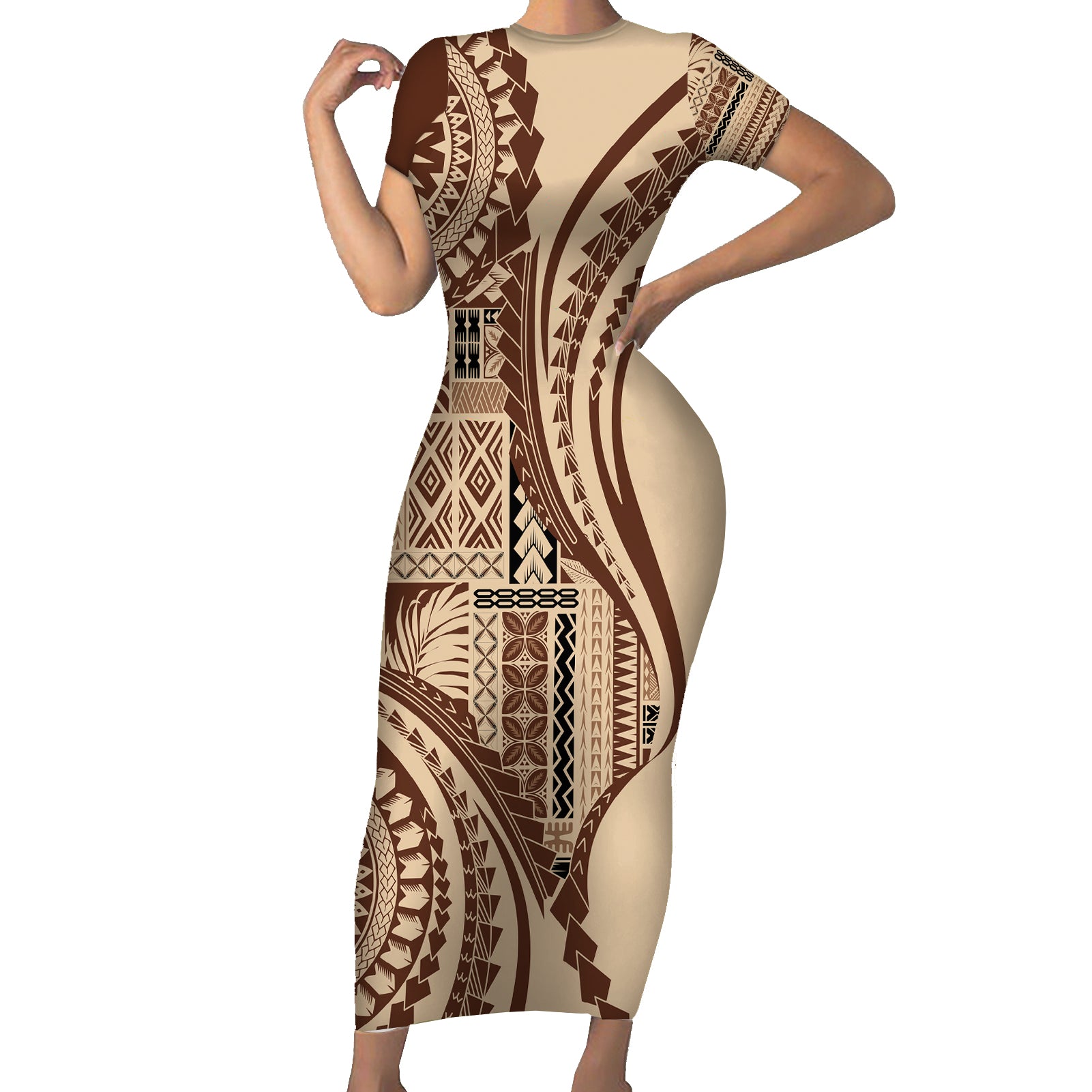 Samoa Siapo Arty Short Sleeve Bodycon Dress Brown Style - Wonder Print Shop