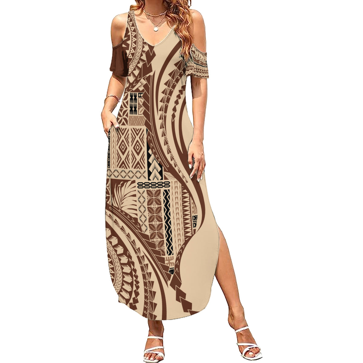 Samoa Siapo Arty Summer Maxi Dress Brown Style - Wonder Print Shop