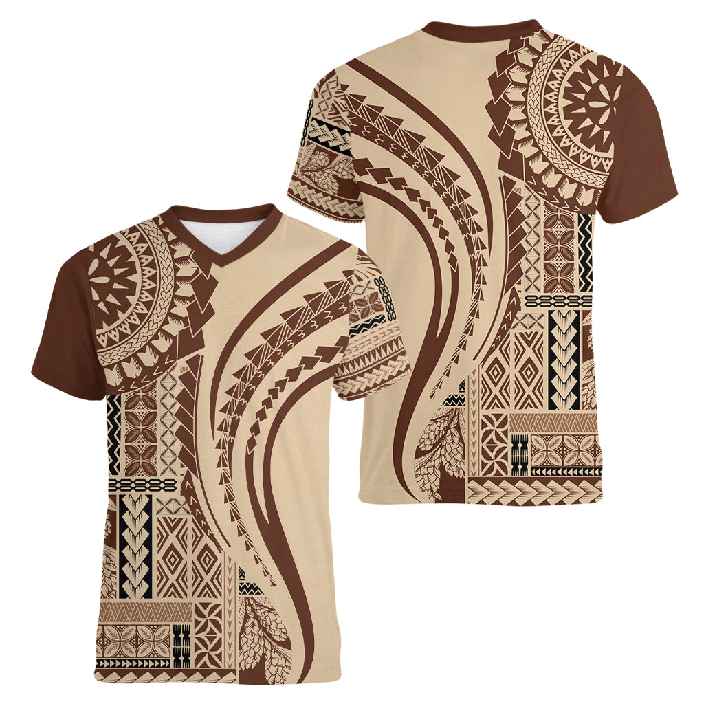 Samoa Siapo Arty Women V Neck T Shirt Brown Style - Wonder Print Shop