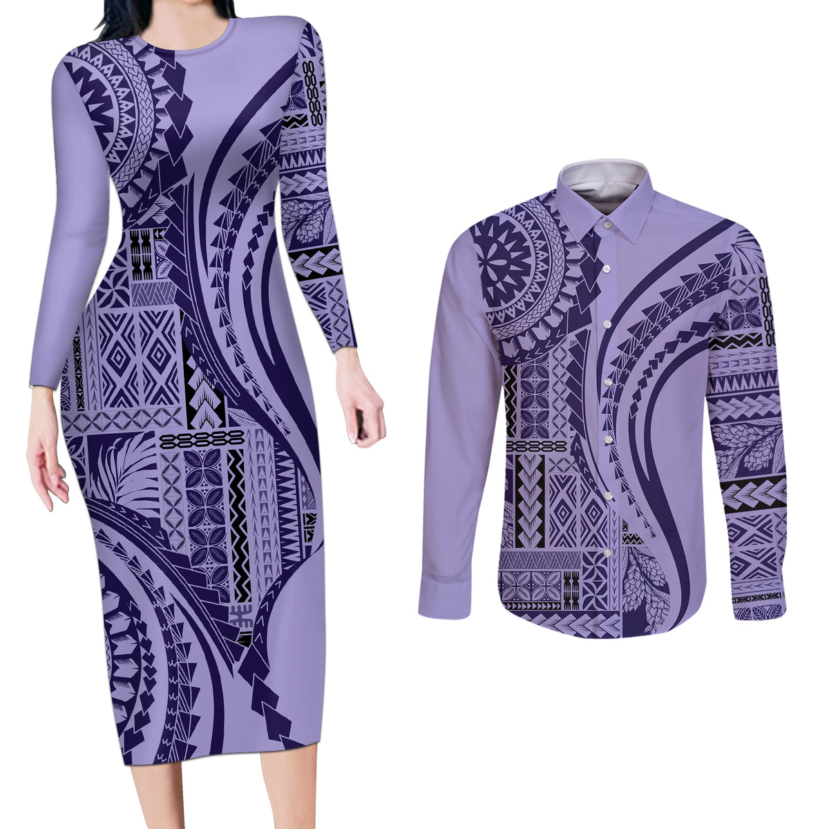 Samoa Siapo Arty Couples Matching Long Sleeve Bodycon Dress and Long Sleeve Button Shirt Purple Style LT9 - Wonder Print Shop