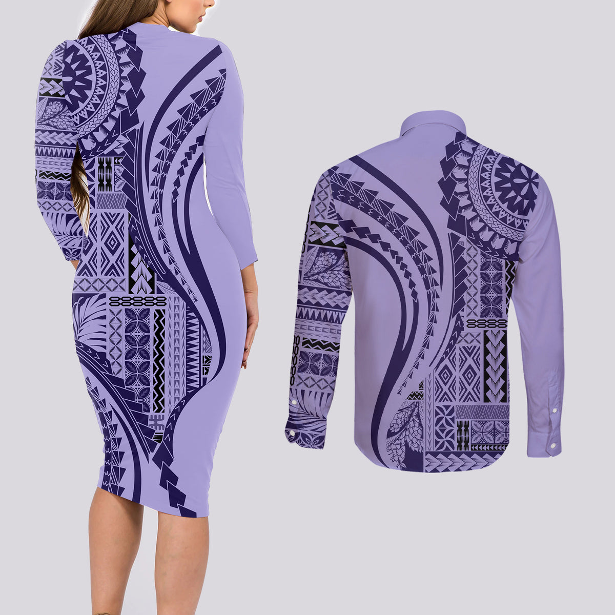 Samoa Siapo Arty Couples Matching Long Sleeve Bodycon Dress and Long Sleeve Button Shirt Purple Style LT9 - Wonder Print Shop