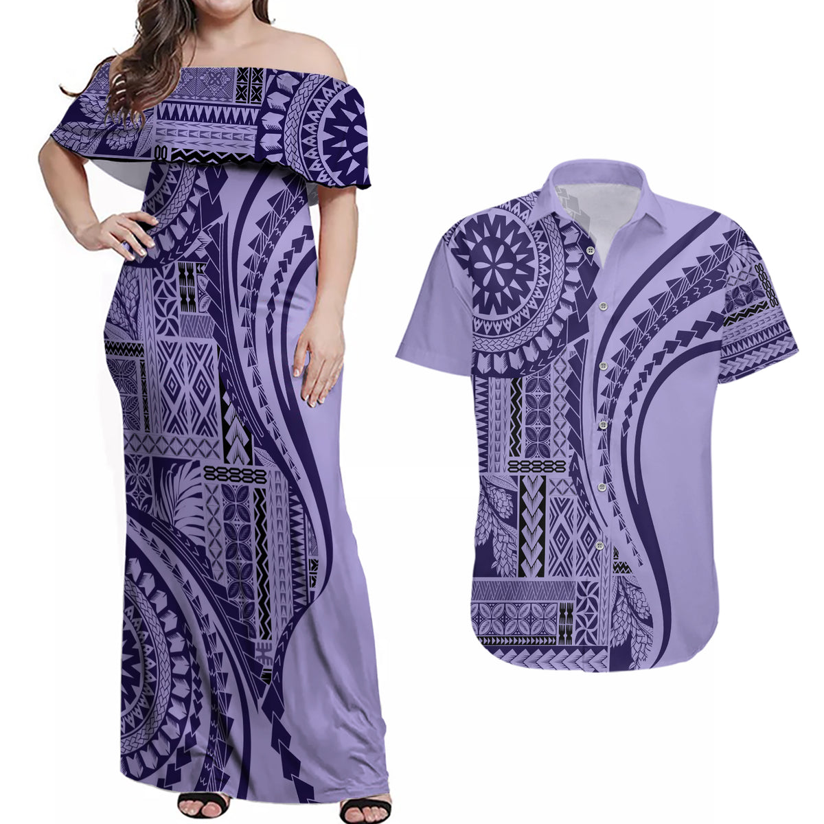 Samoa Siapo Arty Couples Matching Off Shoulder Maxi Dress and Hawaiian Shirt Purple Style LT9 - Wonder Print Shop